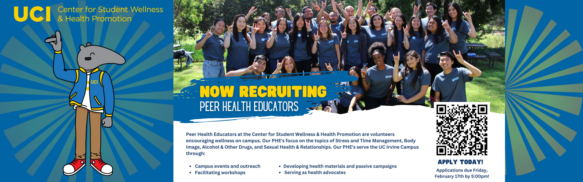 Center for Student Wellness and Health Promotion is now recruiting Peer Health Educators. 