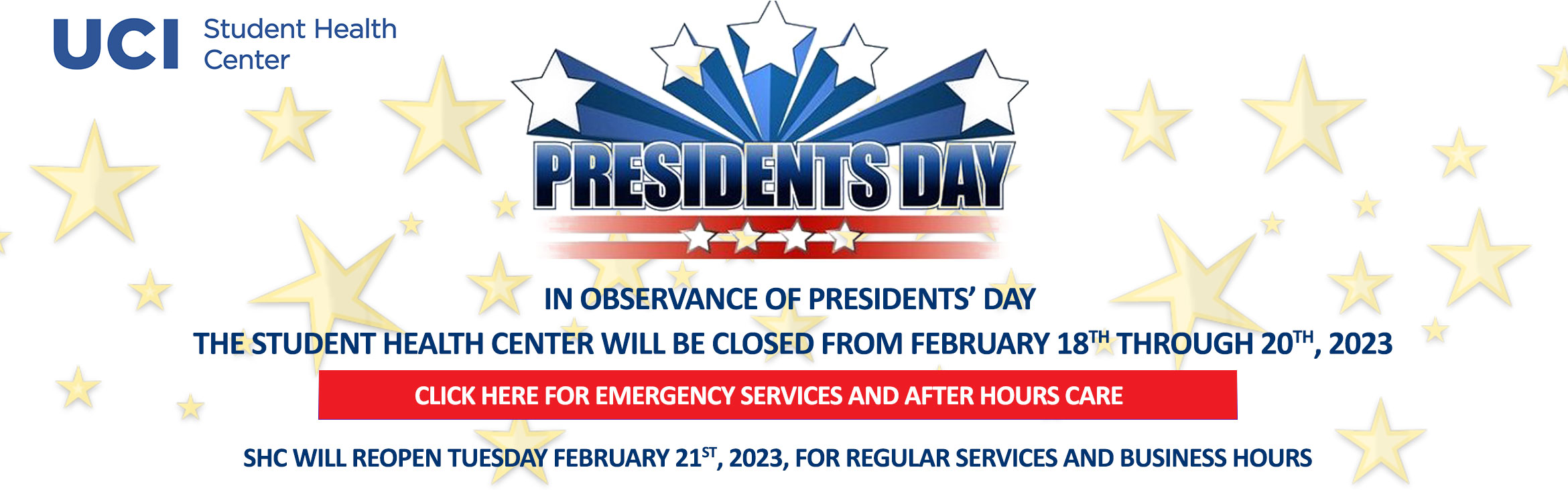 In Observance of Presidents' Day the Student Health Center will be closed February 18 through February 20, 2023.